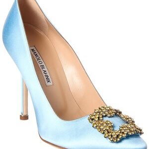 Manolo Blahnik Light Blue Satin Heels with Gold Buckle